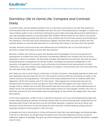 Dormitory Life Vs Home Life: Compare and Contrast Essay