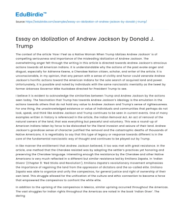 Essay on Idolization of Andrew Jackson by Donald J. Trump