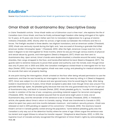 Omar Khadr at Guantanamo Bay: Descriptive Essay