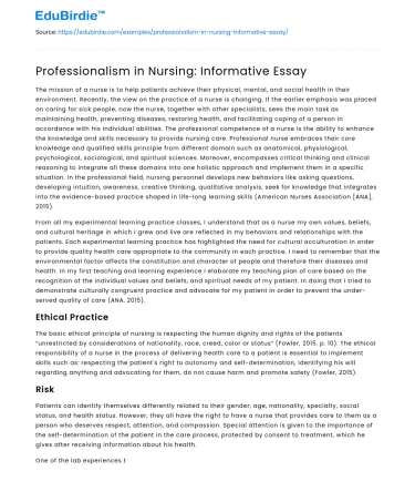 Professionalism in Nursing: Informative Essay