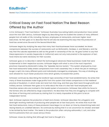 Fast Food Nation:The Best Reason Offered by the Author
