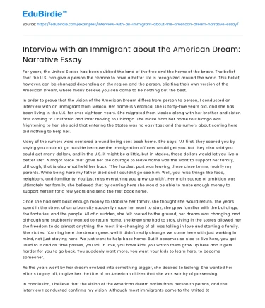 Interview with an Immigrant about the American Dream: Narrative Essay