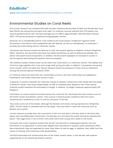 Environmental Studies on Coral Reefs