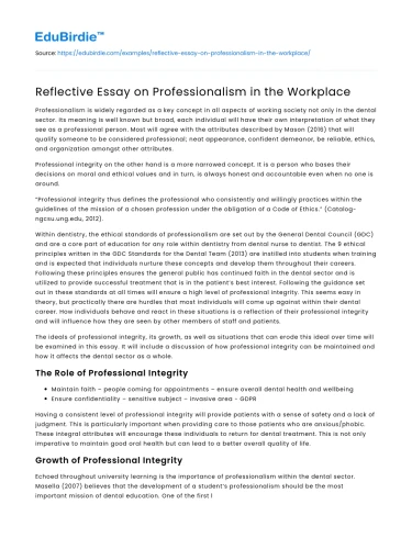Reflective Essay on Professionalism in the Workplace