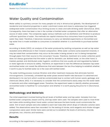 Water Quality and Contamination