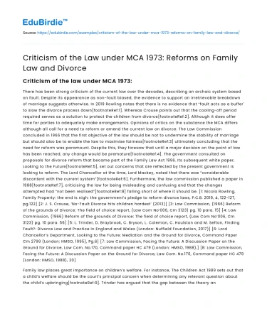Criticism of the Law under MCA 1973: Reforms on Family Law and Divorce