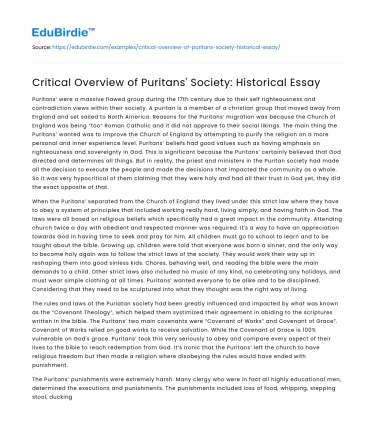 Critical Overview of Puritans’ Society: Historical Essay