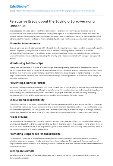 Persuasive Essay about the Saying a Borrower nor a Lender Be