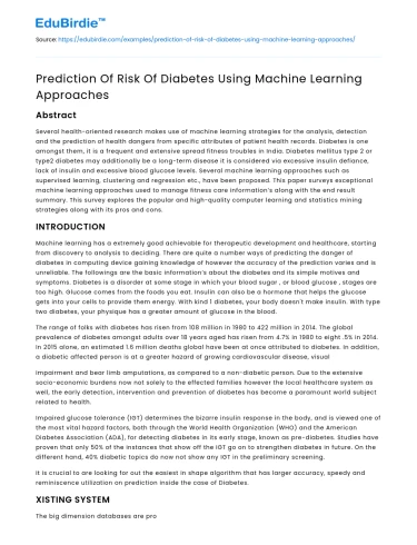 Prediction Of Risk Of Diabetes Using Machine Learning Approaches