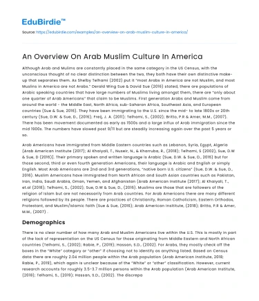 An Overview On Arab Muslim Culture In America