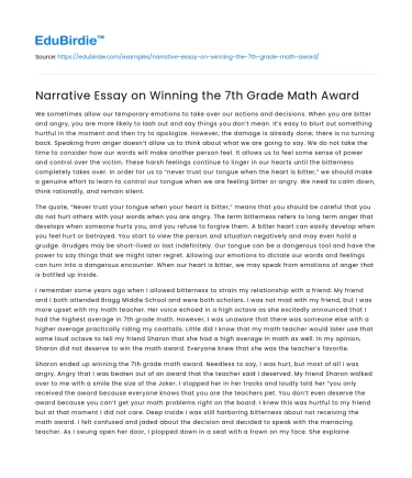 Narrative Essay on Winning the 7th Grade Math Award
