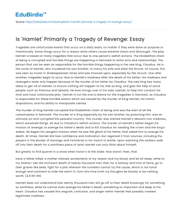 Is ‘Hamlet’ Primarily a Tragedy of Revenge: Essay
