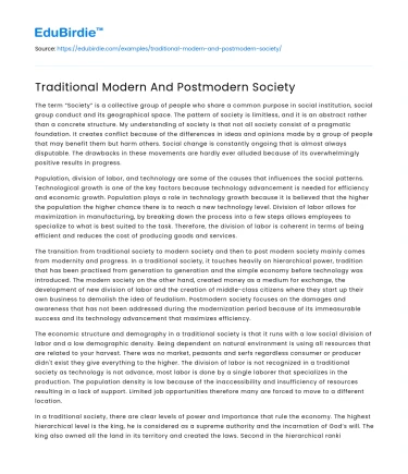 Traditional Modern And Postmodern Society