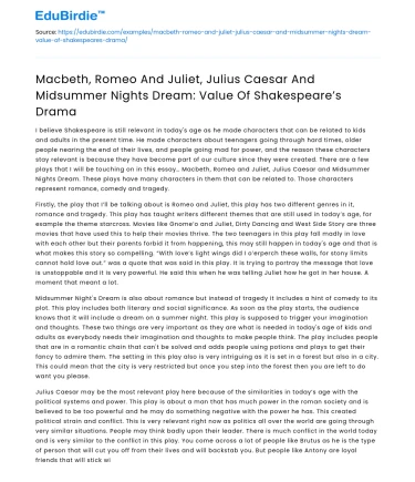 Shakespeare’s Plays: Value of Drama