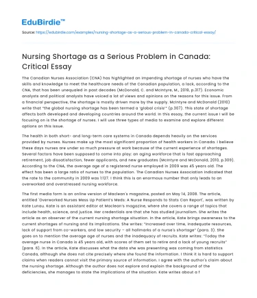 Nursing Shortage as a Serious Problem in Canada: Critical Essay