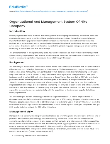 Organizational And Management System Of Nike Company