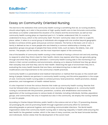 Essay on Community Oriented Nursing