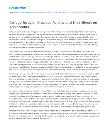 College Essay on Divorced Parents and Their Effects on Adolescents