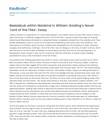 Beelzebub within Mankind in William Golding’s Novel ‘Lord of the Flies’