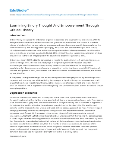 Examining Binary Thought And Empowerment Through Critical Theory
