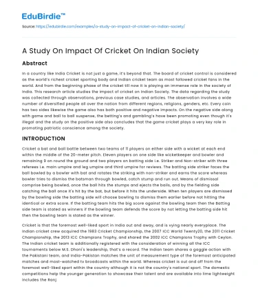 A Study On Impact Of Cricket On Indian Society
