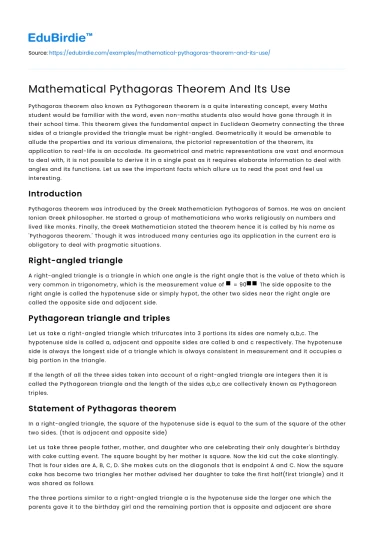 Mathematical Pythagoras Theorem And Its Use