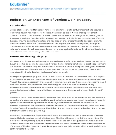 Reflection On Merchant of Venice: Opinion Essay