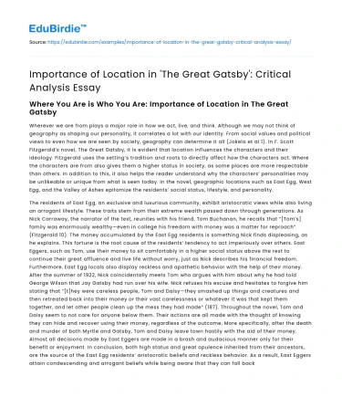 Importance of Location in ‘The Great Gatsby’: Critical Analysis Essay