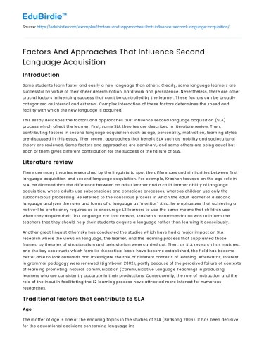 Factors And Approaches That Influence Second Language Acquisition