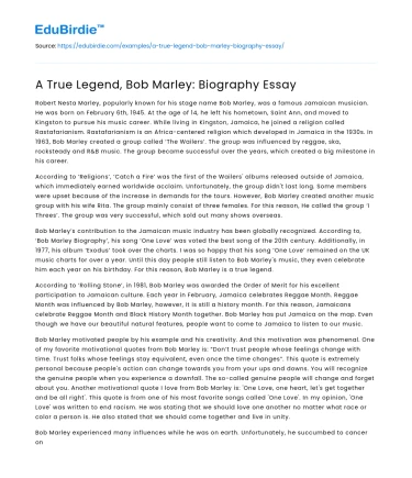A True Legend, Bob Marley: Biography Essay
