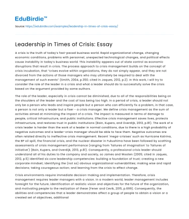 Leadership in Times of Crisis: Essay