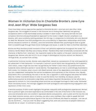 Women in Victorian Era in Bronte’s Jane Eyre and Rhys’ Wide Sargasso Sea