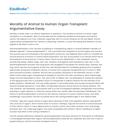 Morality of Animal to Human Organ Transplant: Argumentative Essay
