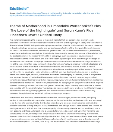 Motherhood in Wertenbaker and Kane