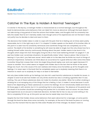 Catcher In The Rye: Is Holden A Normal Teenager?