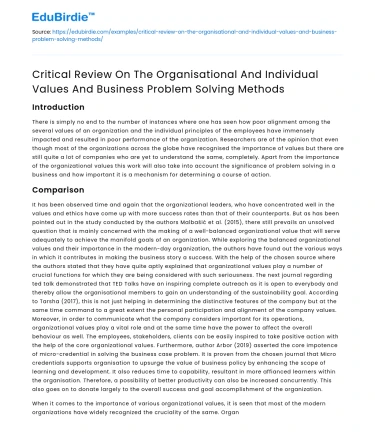 Review of Organisational & Individual Values in Problem Solving