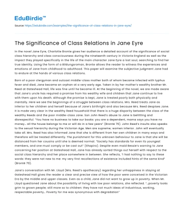 The Significance of Class Relations in Jane Eyre