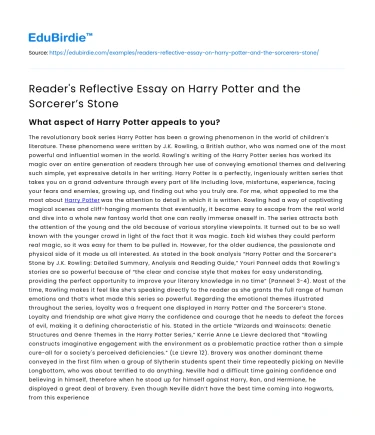 Reader’s Reflective Essay on Harry Potter and the Sorcerer’s Stone
