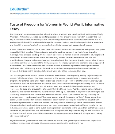 Taste of Freedom for Women in World War II: Informative Essay
