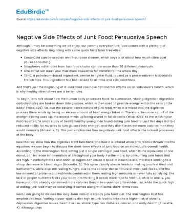 Negative Side Effects of Junk Food: Persuasive Speech
