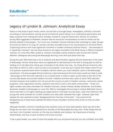 Legacy of Lyndon B. Johnson: Analytical Essay
