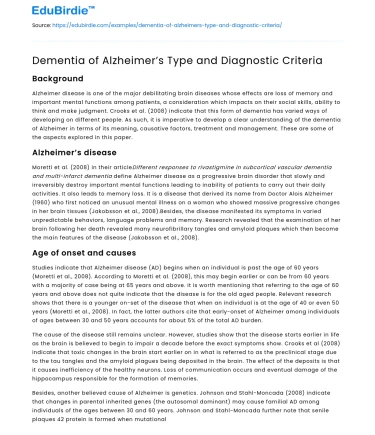 Dementia of Alzheimer’s Type and Diagnostic Criteria