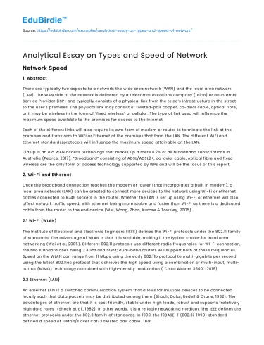Analytical Essay on Types and Speed of Network