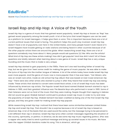 Israeli Rap and Hip Hop: A Voice of the Youth