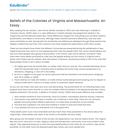 Beliefs of the Colonies of Virginia and Massachusetts: An Essay