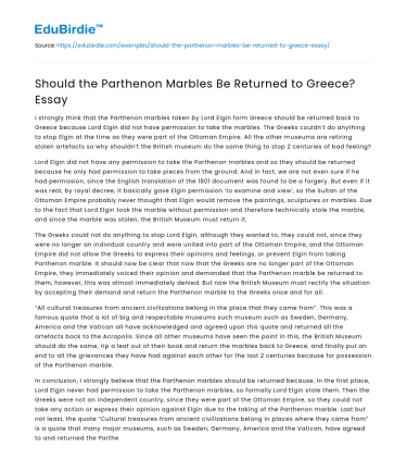 Should the Parthenon Marbles Be Returned to Greece? Essay