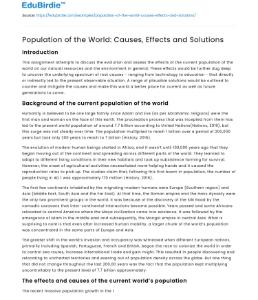 Population of the World: Causes, Effects and Solutions