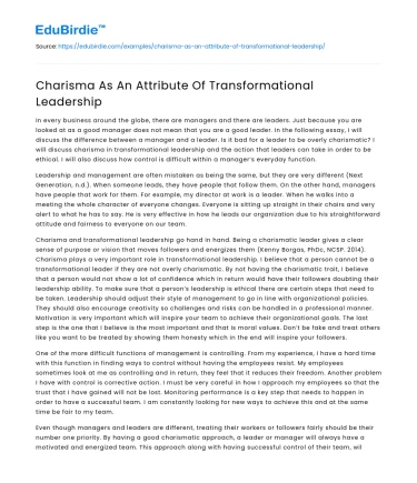 Charisma As An Attribute Of Transformational Leadership