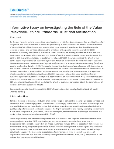 Role of Value Relevance, Ethical Standards, Trust, and Satisfaction