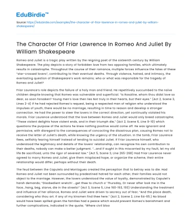 The Character Of Friar Lawrence In Romeo And Juliet By William Shakespeare